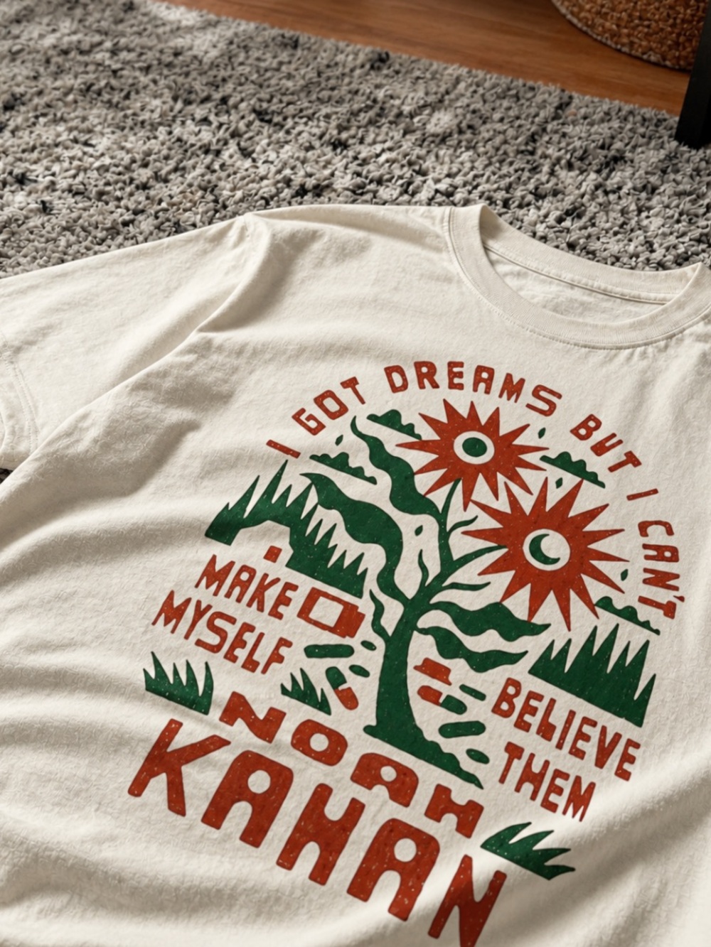 Off White Graphic Tee with Green and Rust Floral Print